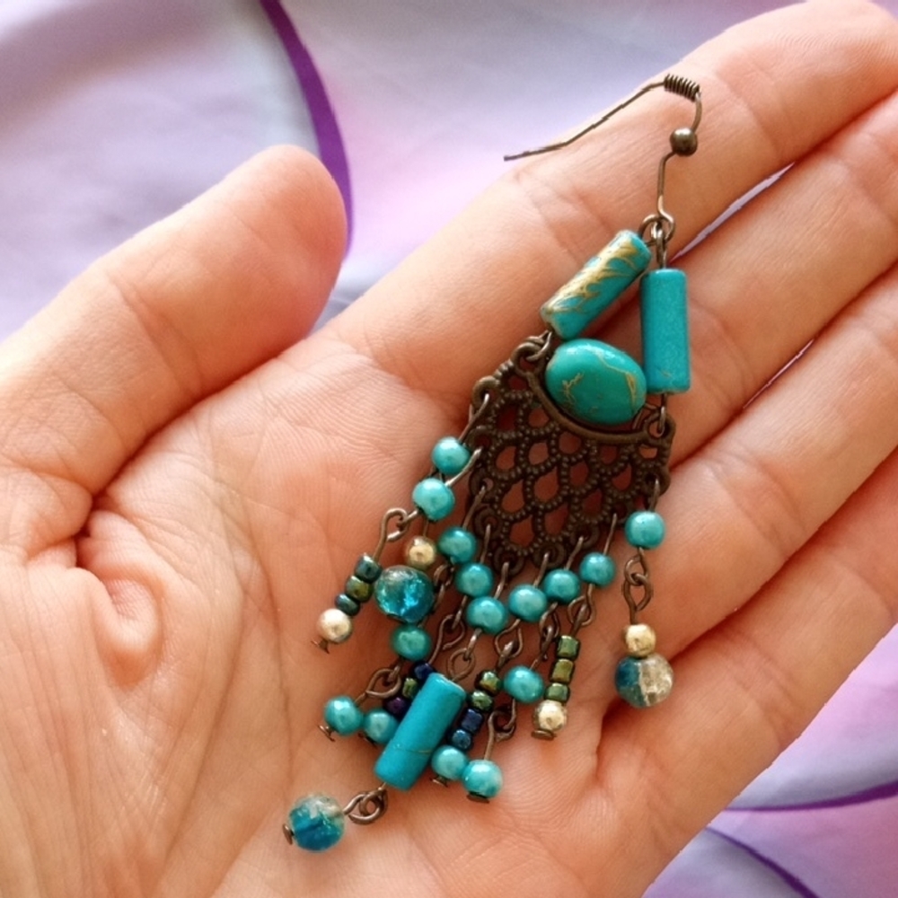 Source Unknown Blue and Brown Chandelier Earrings